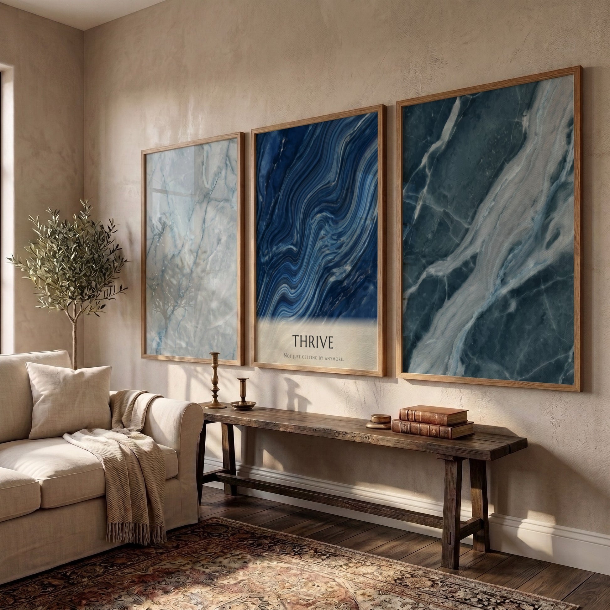 Poster set featuring blue marble textures and the word Thrive in minimalist style