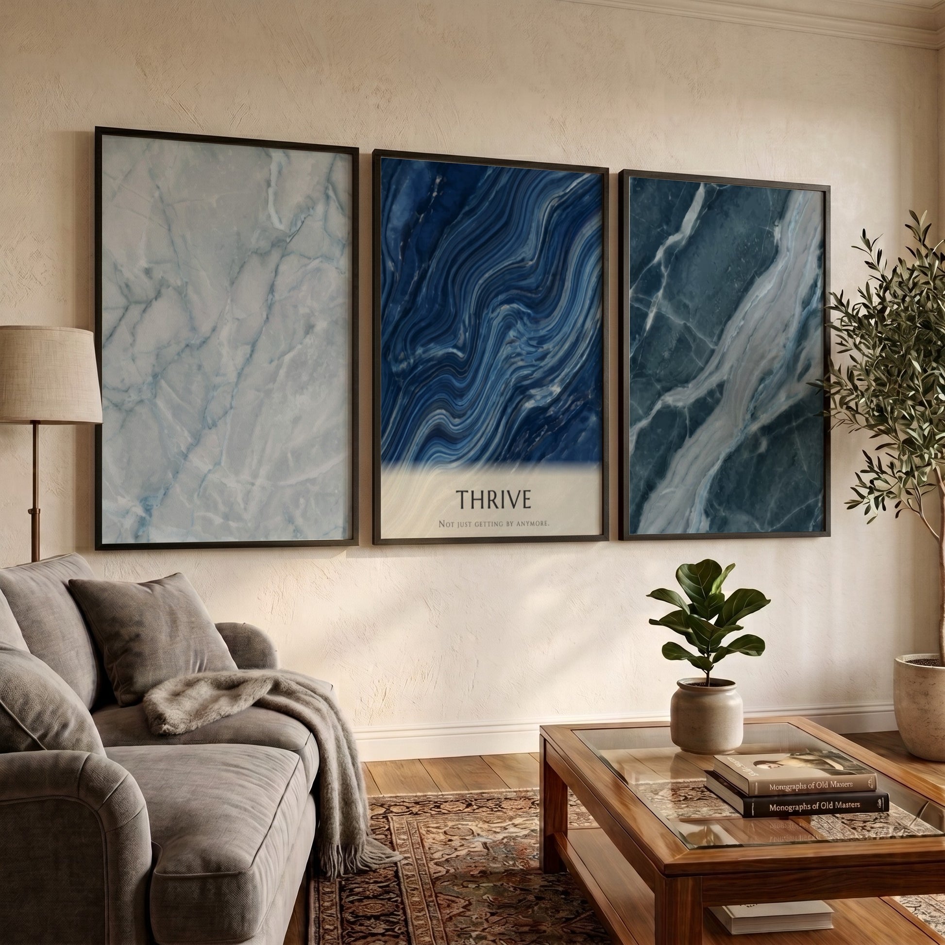 Poster set featuring blue marble textures and the word Thrive in minimalist style