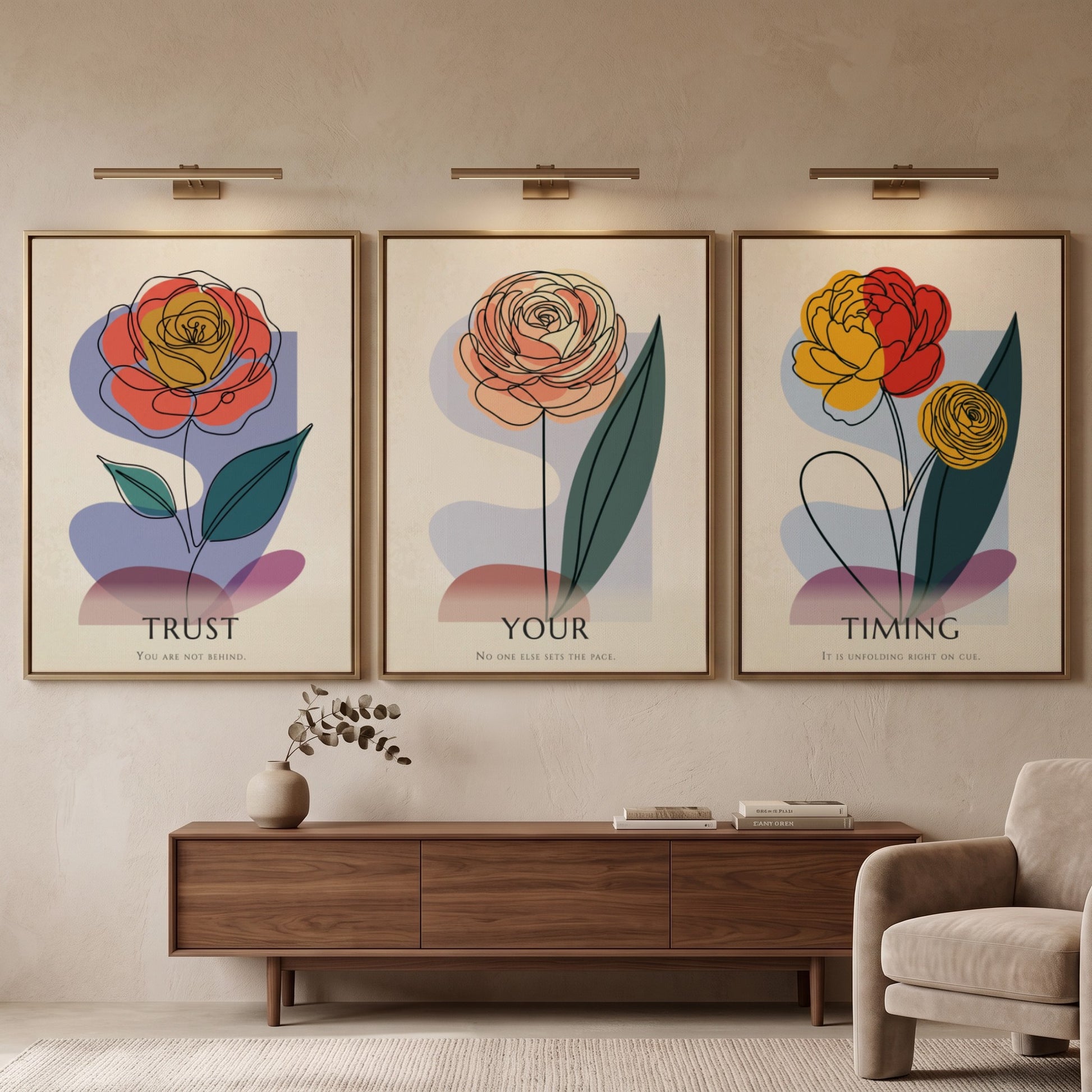 Poster set featuring three minimalist flowers with the text Trust Your Timing displayed