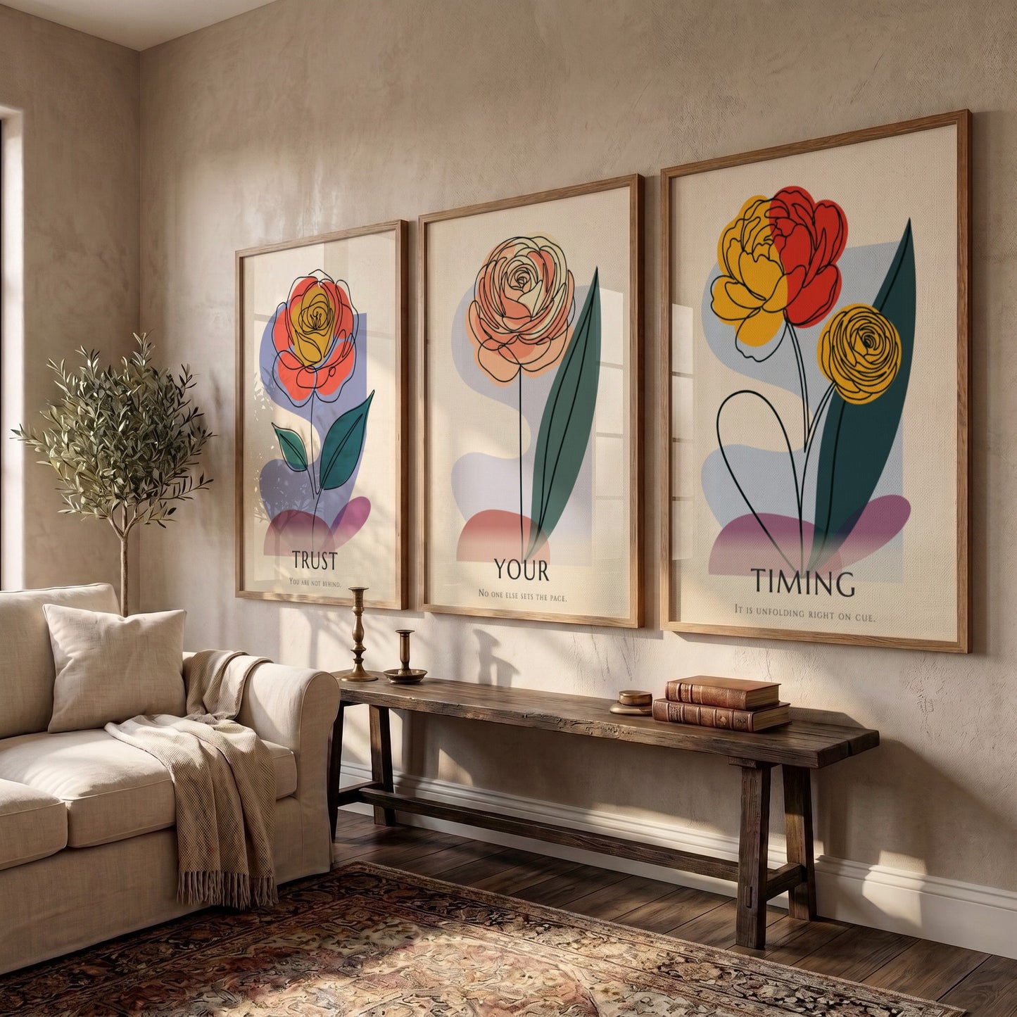 Poster set featuring three minimalist flowers with the text Trust Your Timing displayed