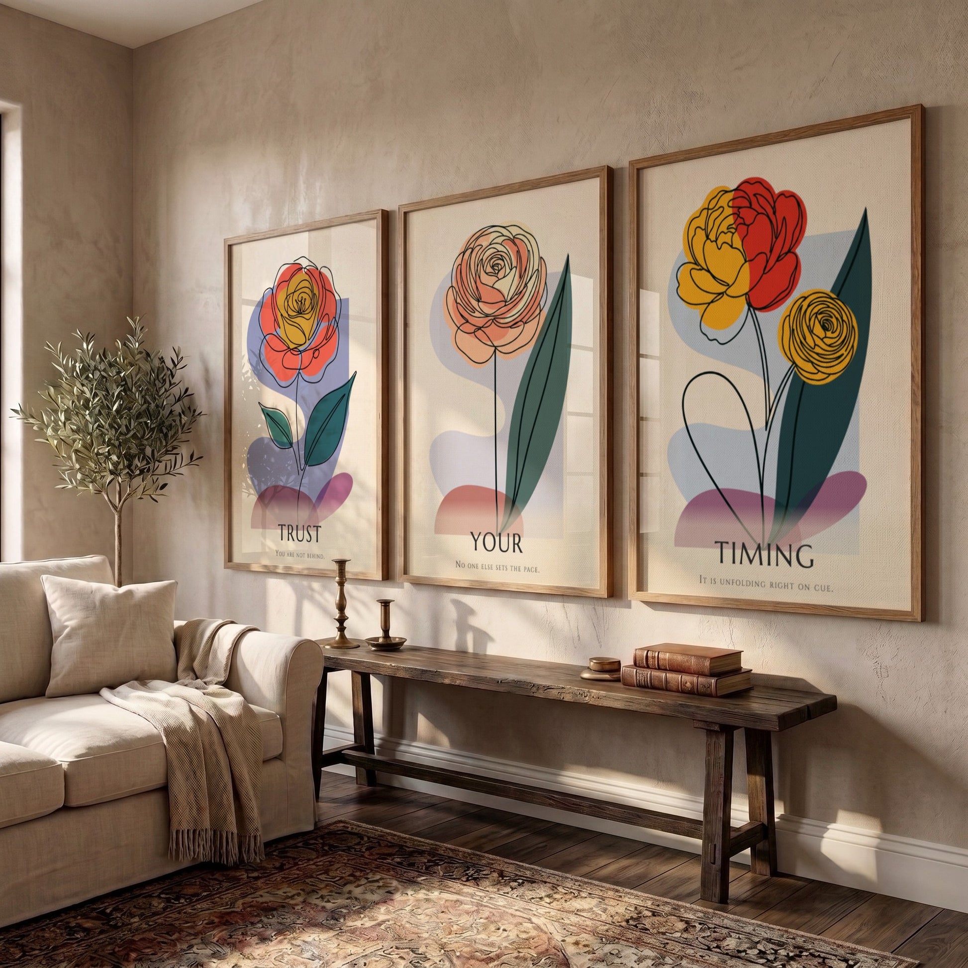 Poster set featuring three minimalist flowers with the text Trust Your Timing displayed