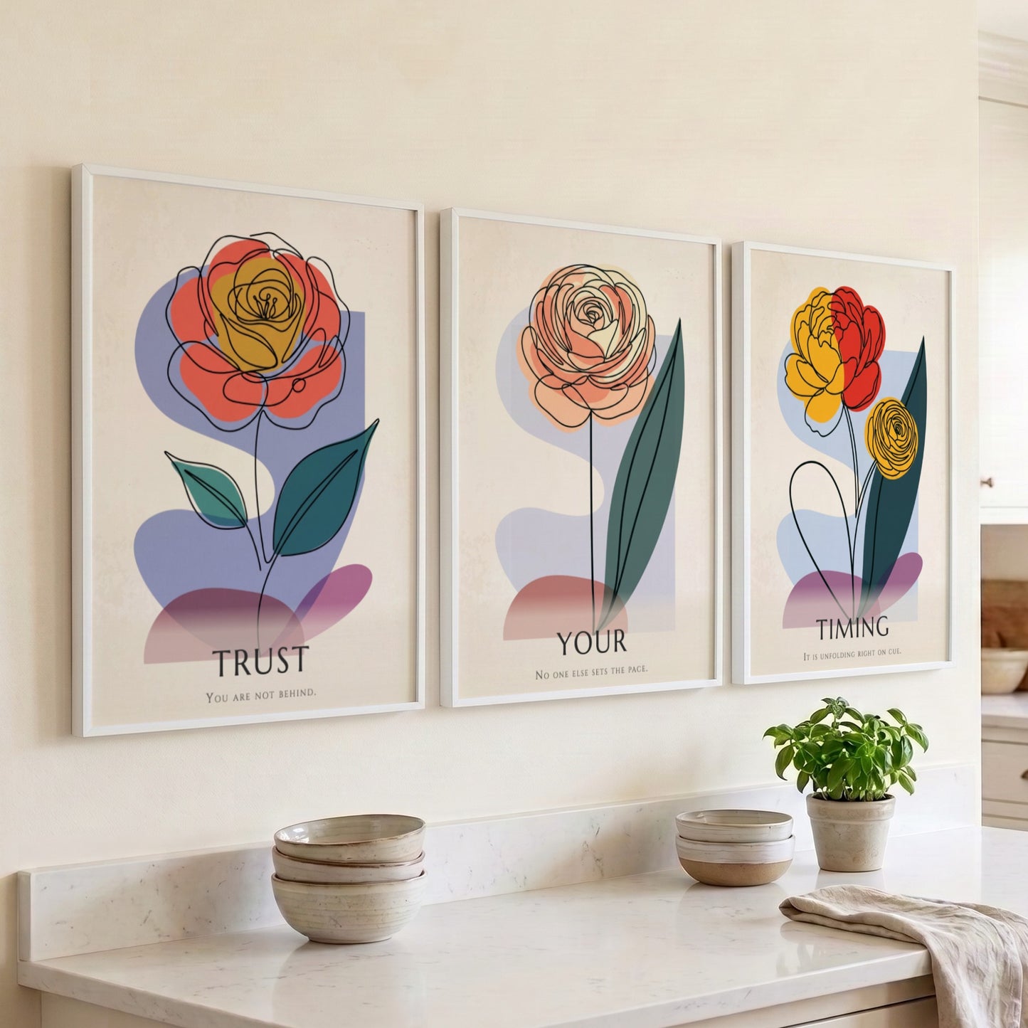 Poster set featuring three minimalist flowers with the text Trust Your Timing displayed