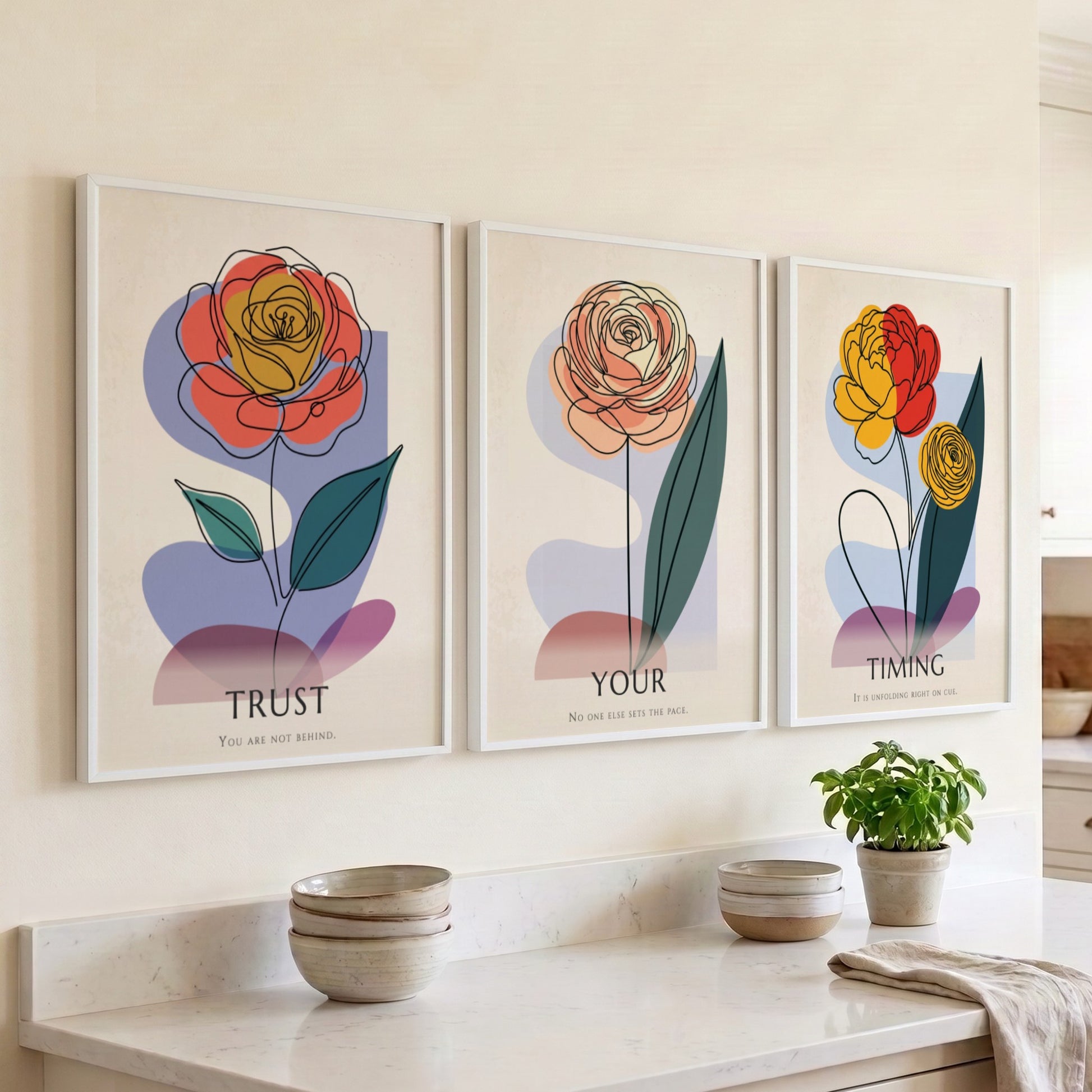 Poster set featuring three minimalist flowers with the text Trust Your Timing displayed