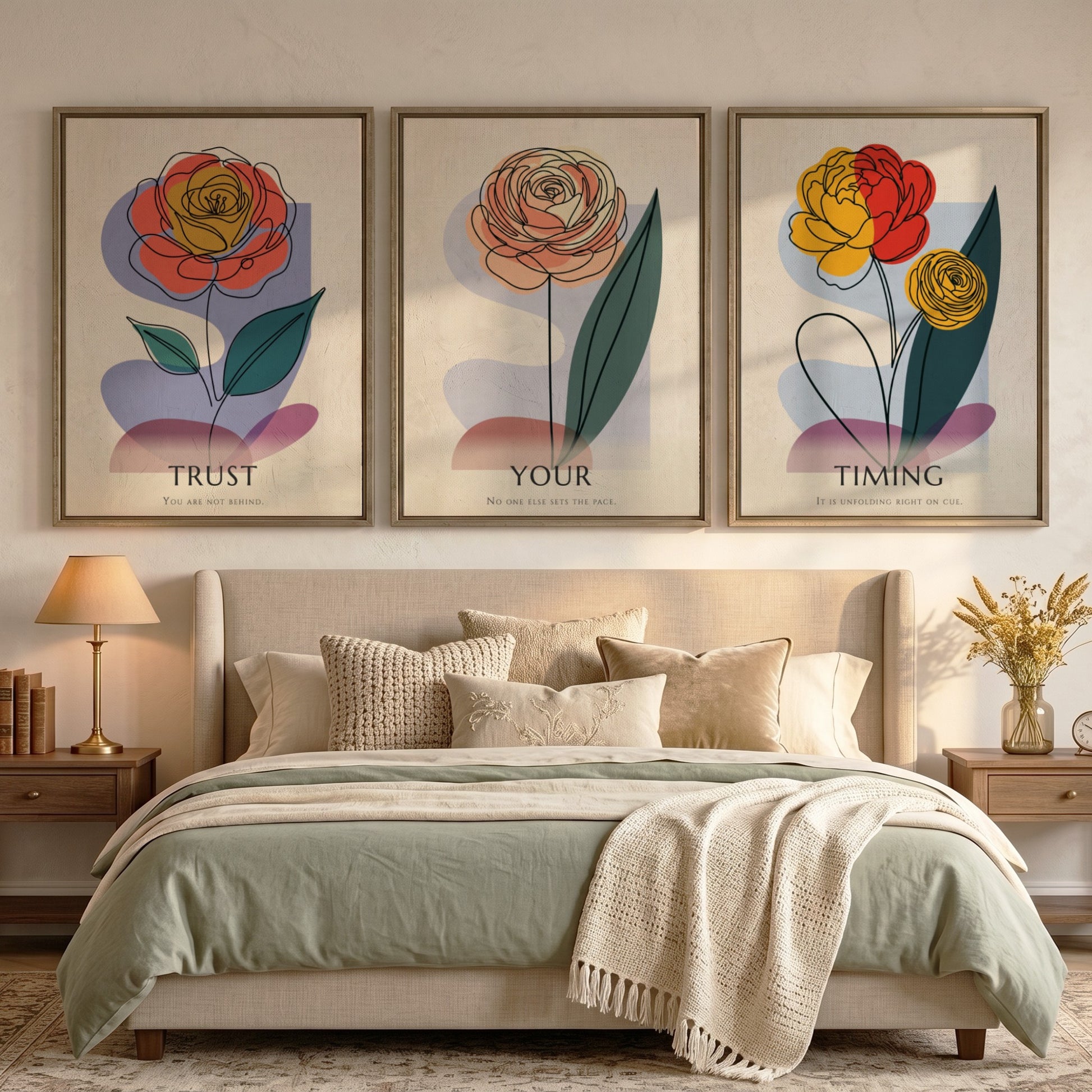 Poster set featuring three minimalist flowers with the text Trust Your Timing displayed