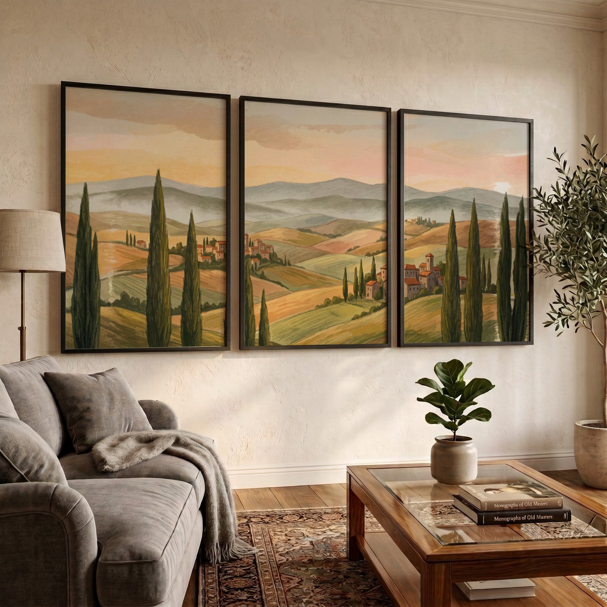 Triptych of Tuscany rolling hills landscape featuring tall cypress trees and warm sunset colours