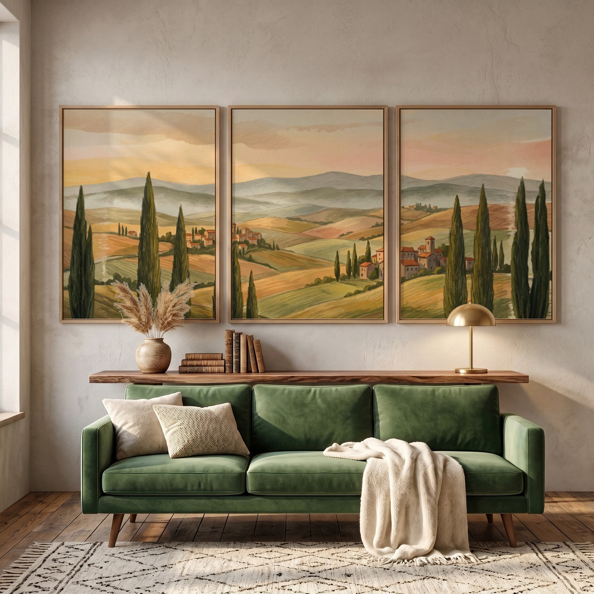 Triptych of Tuscany rolling hills landscape featuring tall cypress trees and warm sunset colours