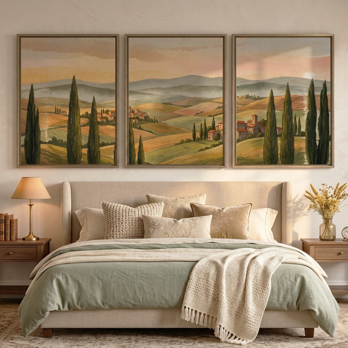 Triptych of Tuscany rolling hills landscape featuring tall cypress trees and warm sunset colours