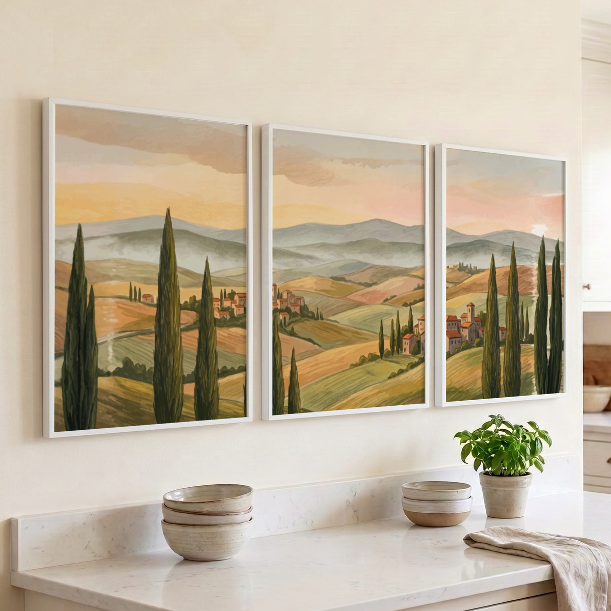 Triptych of Tuscany rolling hills landscape featuring tall cypress trees and warm sunset colours