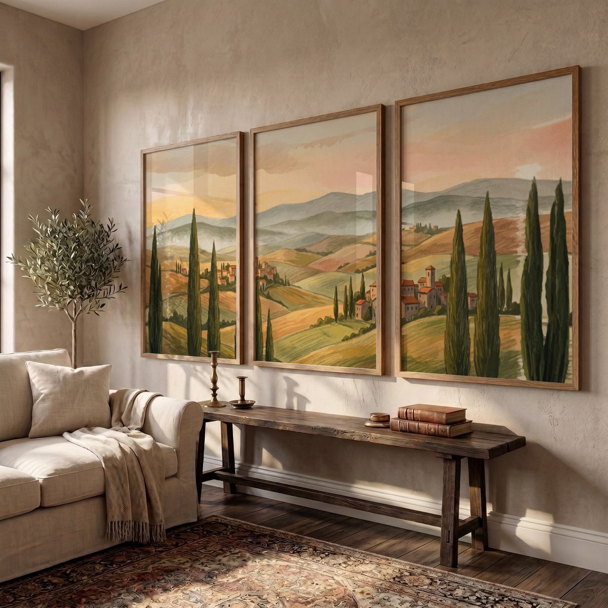 Triptych of Tuscany rolling hills landscape featuring tall cypress trees and warm sunset colours