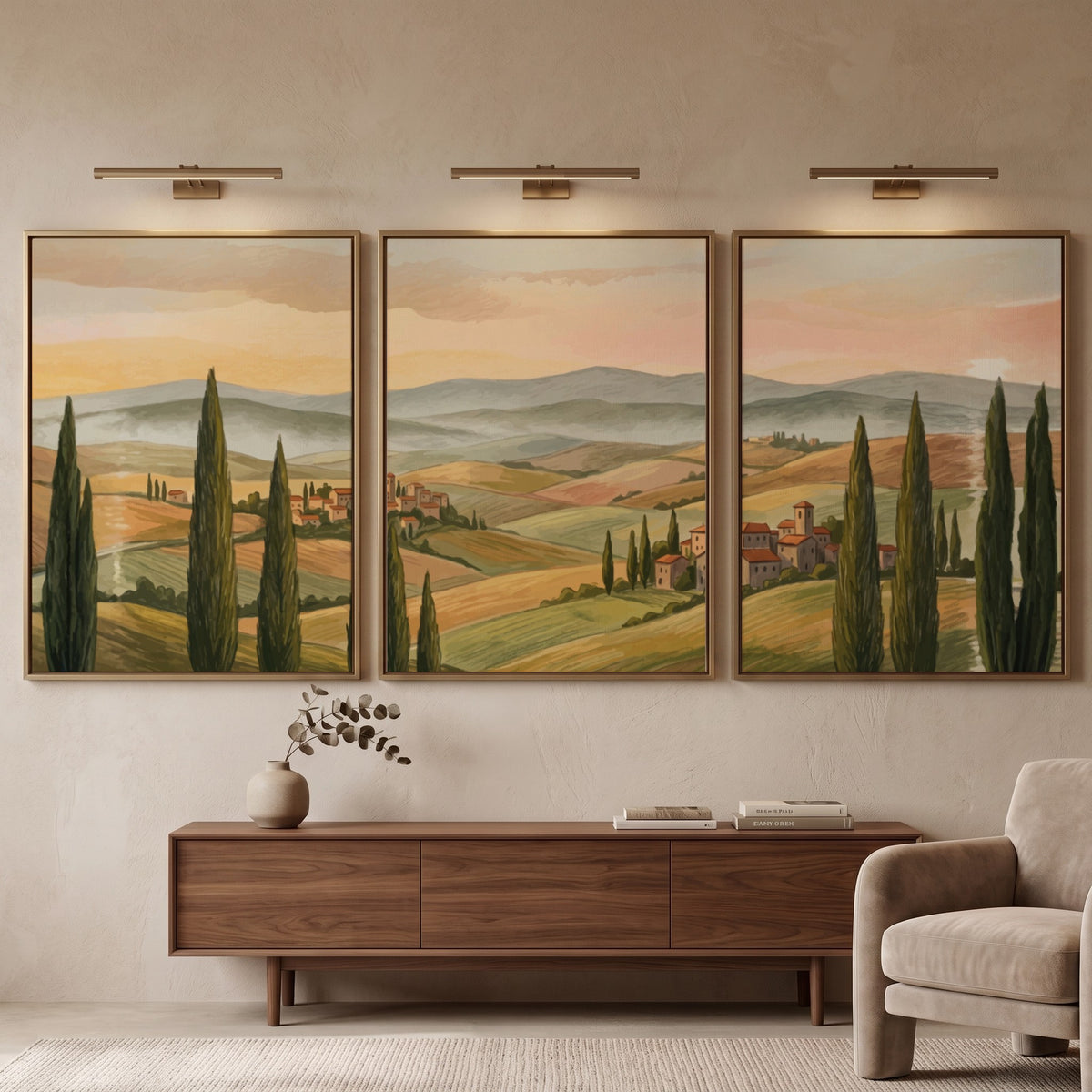Triptych of Tuscany rolling hills landscape featuring tall cypress trees and warm sunset colours