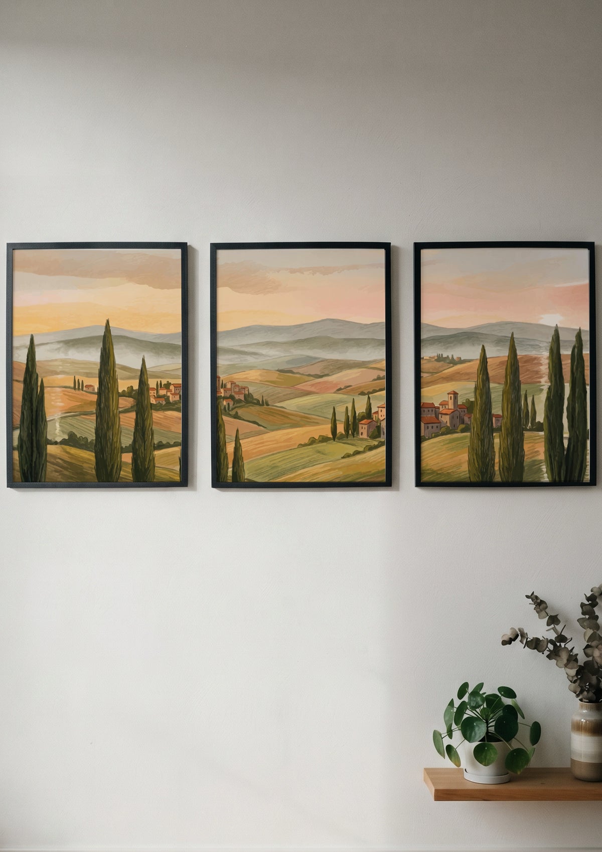 Triptych of Tuscany rolling hills landscape featuring tall cypress trees and warm sunset colours