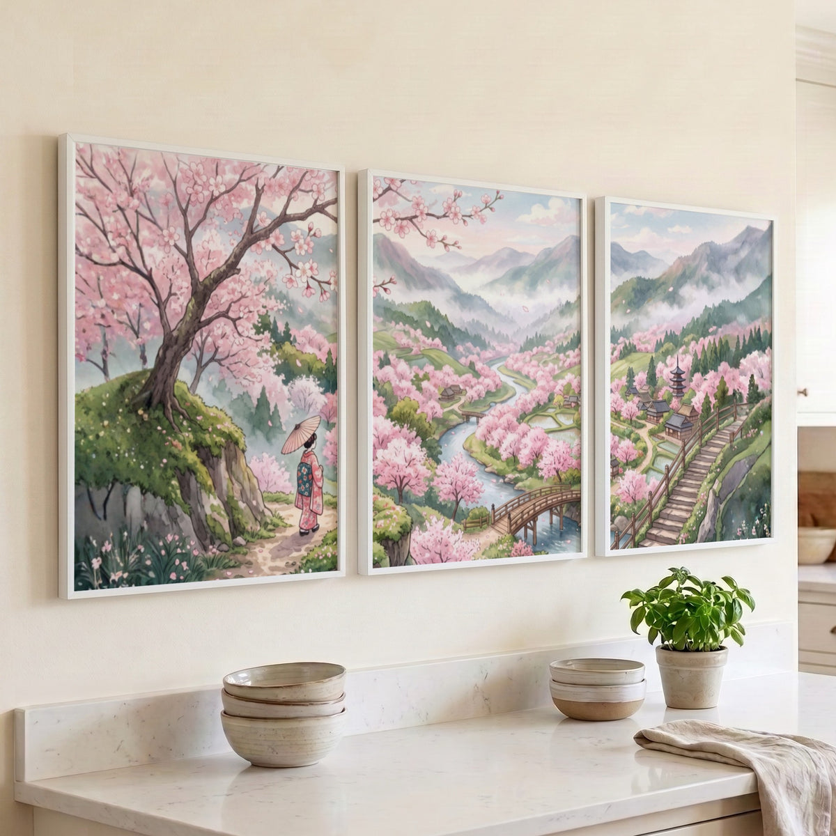 Three framed landscape prints showing pink cherry blossoms, winding rivers, and mountains in Japan.