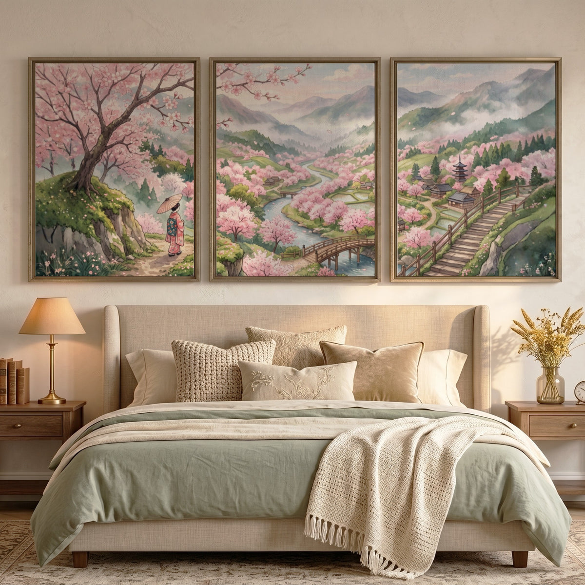 Three framed landscape prints showing pink cherry blossoms, winding rivers, and mountains in Japan.