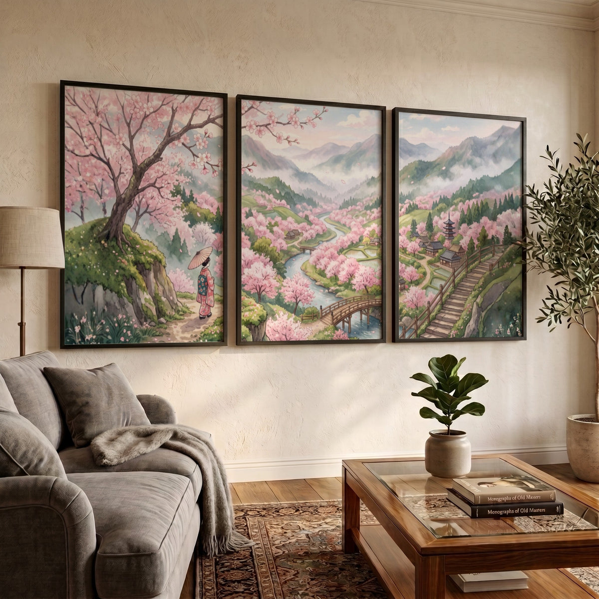 Three framed landscape prints showing pink cherry blossoms, winding rivers, and mountains in Japan.