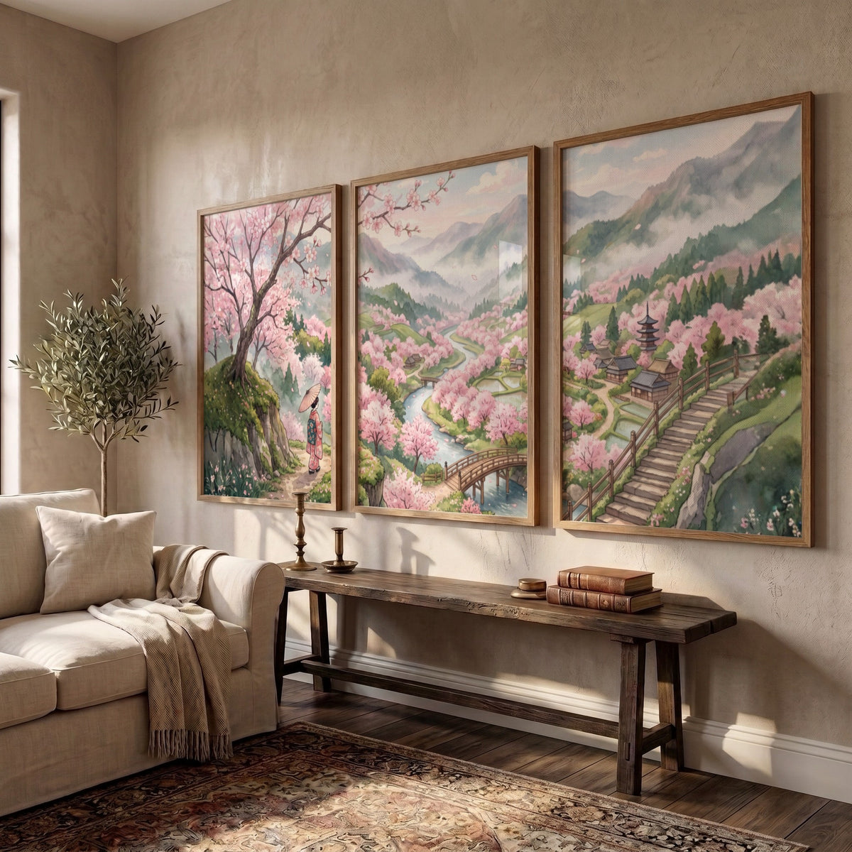 Three framed landscape prints showing pink cherry blossoms, winding rivers, and mountains in Japan.