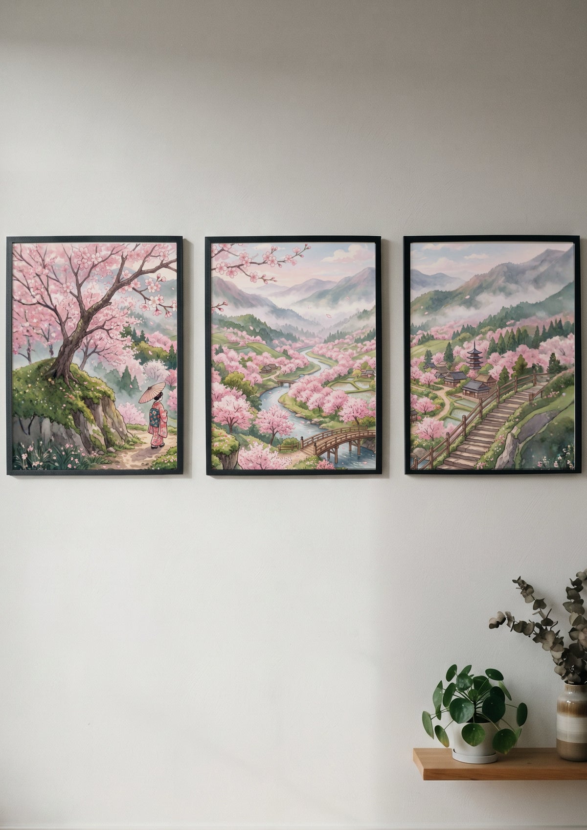 Three framed landscape prints showing pink cherry blossoms, winding rivers, and mountains in Japan.