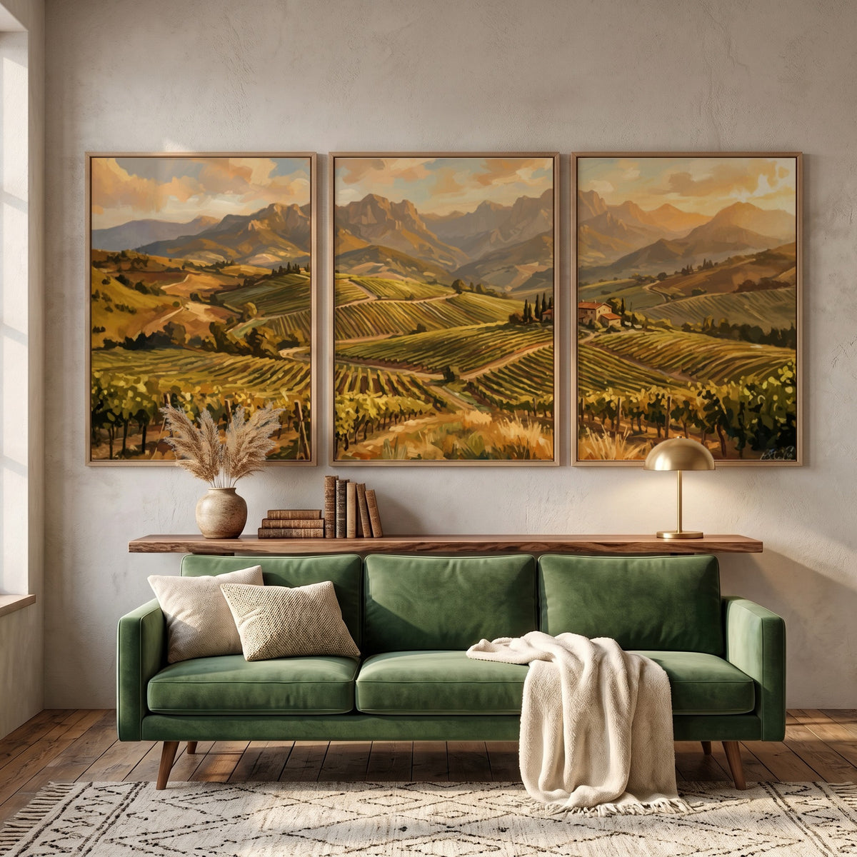 Triptych of Tuscan vineyard landscape paintings featuring rolling hills, grapevines, and distant mountains.