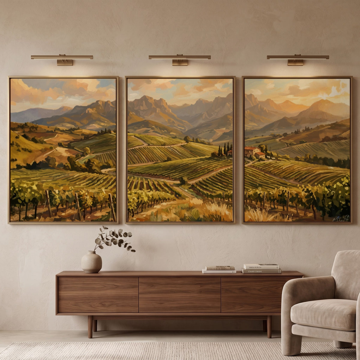 Triptych of Tuscan vineyard landscape paintings featuring rolling hills, grapevines, and distant mountains.