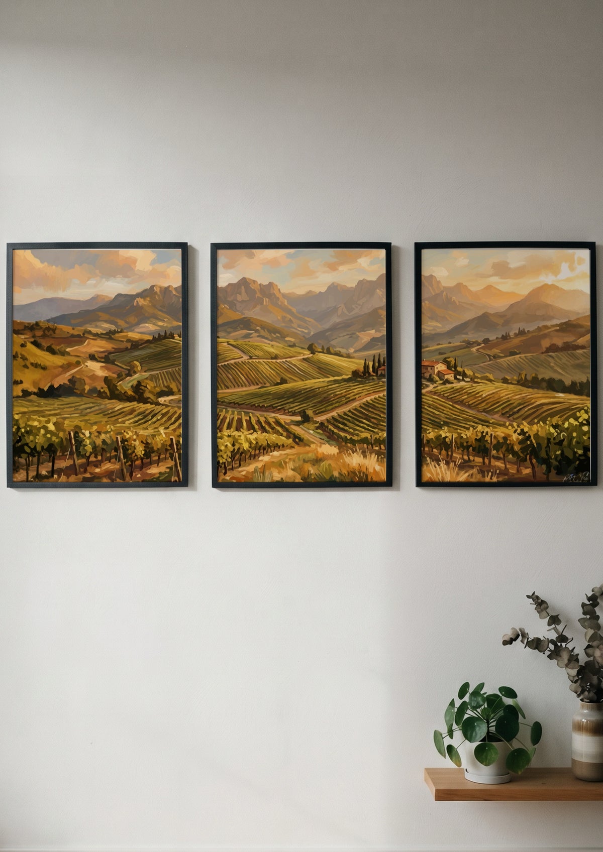 Triptych of Tuscan vineyard landscape paintings featuring rolling hills, grapevines, and distant mountains.