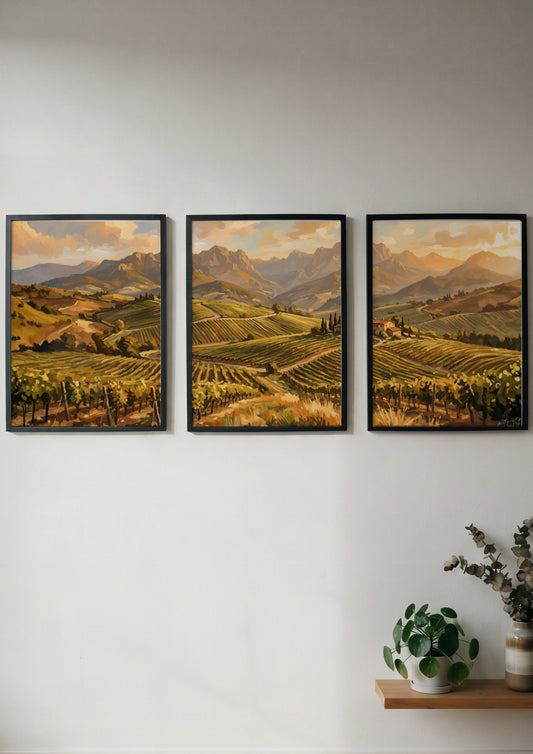 Triptych of Tuscan vineyard landscape paintings featuring rolling hills, grapevines, and distant mountains.
