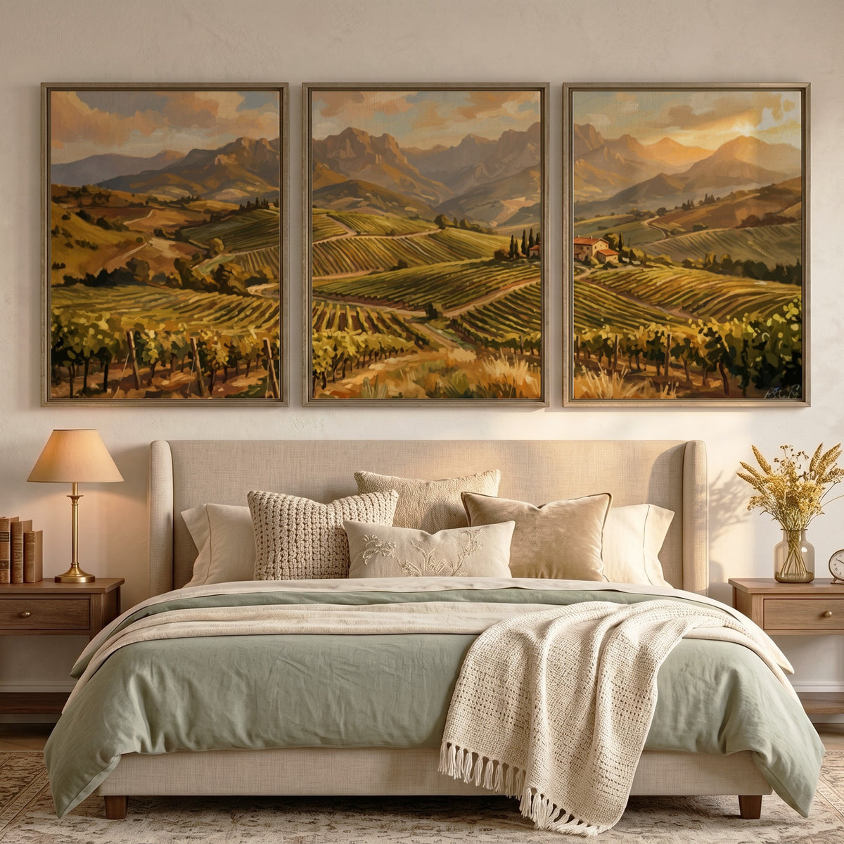 Triptych of Tuscan vineyard landscape paintings featuring rolling hills, grapevines, and distant mountains.