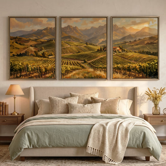 Triptych of Tuscan vineyard landscape paintings featuring rolling hills, grapevines, and distant mountains.