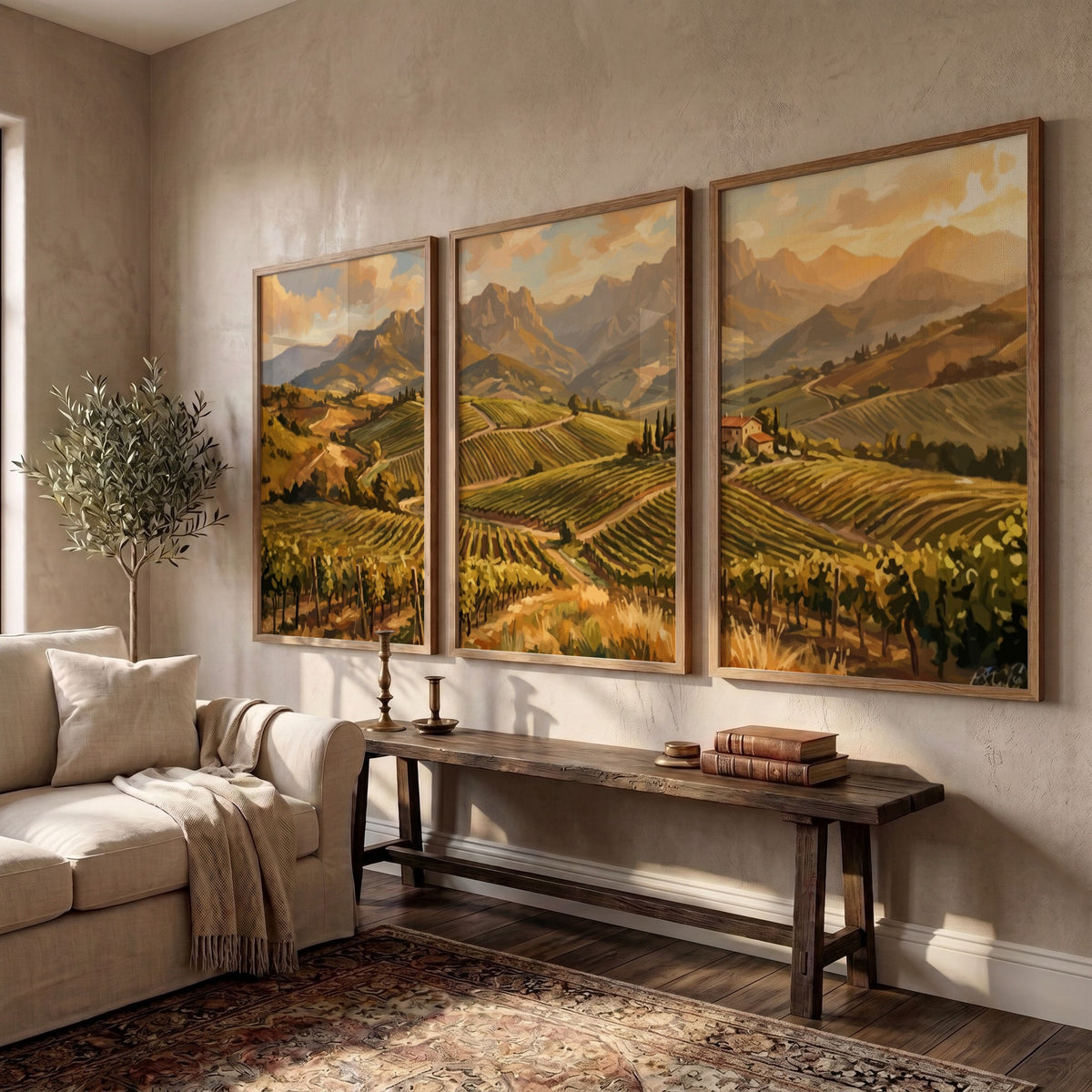 Triptych of Tuscan vineyard landscape paintings featuring rolling hills, grapevines, and distant mountains.