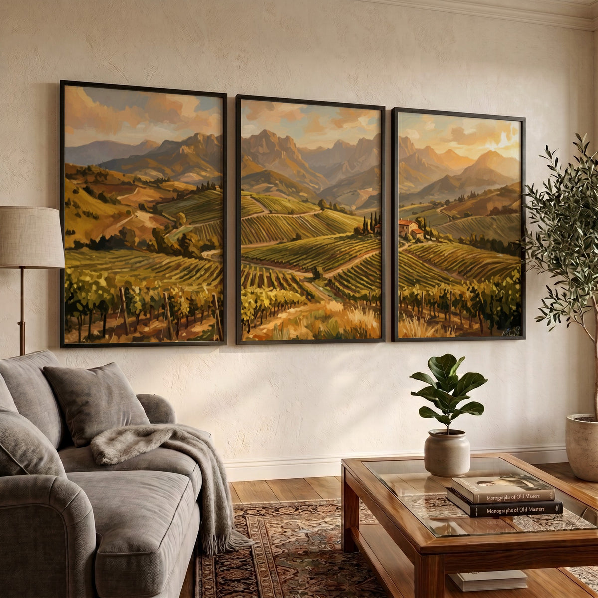 Triptych of Tuscan vineyard landscape paintings featuring rolling hills, grapevines, and distant mountains.