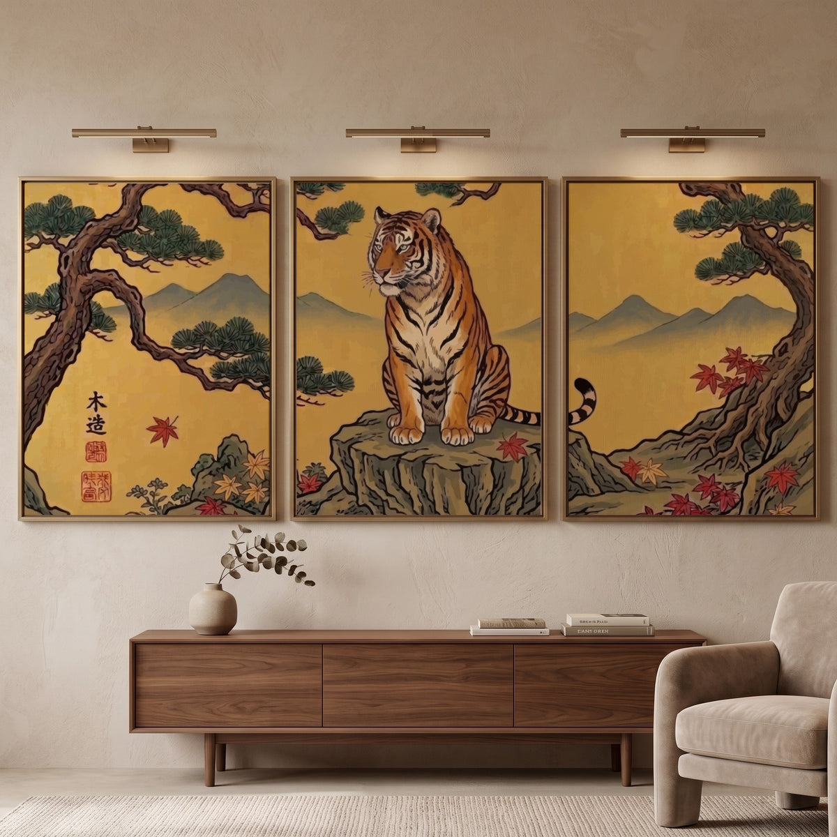 Triptych tiger wall decor with golden landscape and pine trees in Japanese style