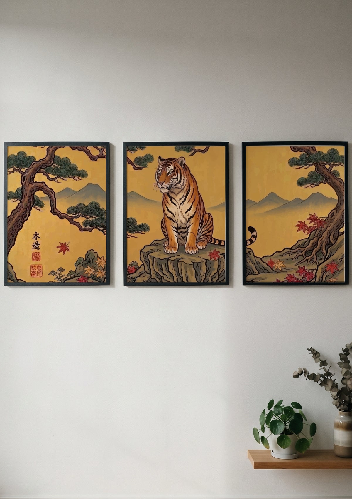 Triptych tiger wall decor with golden landscape and pine trees in Japanese style