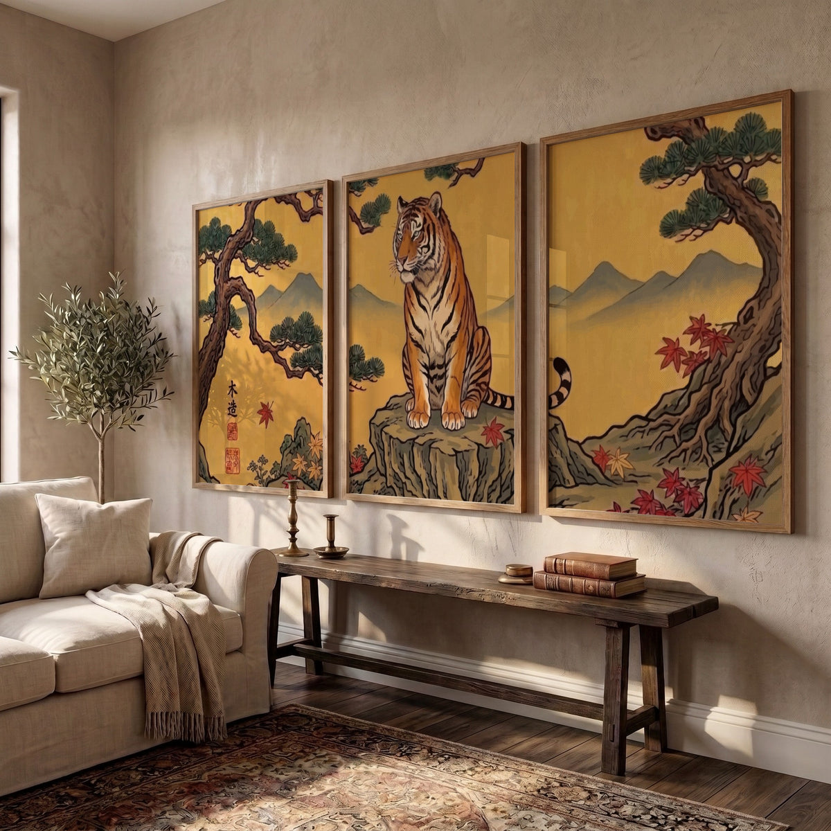 Triptych tiger wall decor with golden landscape and pine trees in Japanese style