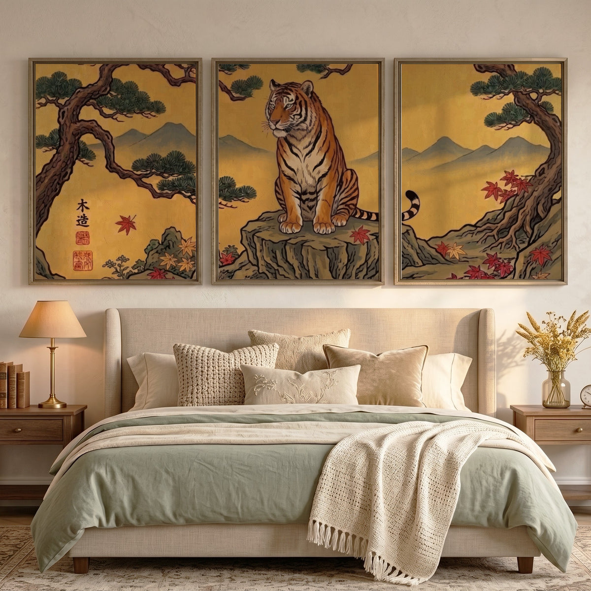 Triptych tiger wall decor with golden landscape and pine trees in Japanese style