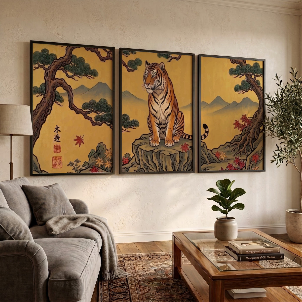 Triptych tiger wall decor with golden landscape and pine trees in Japanese style