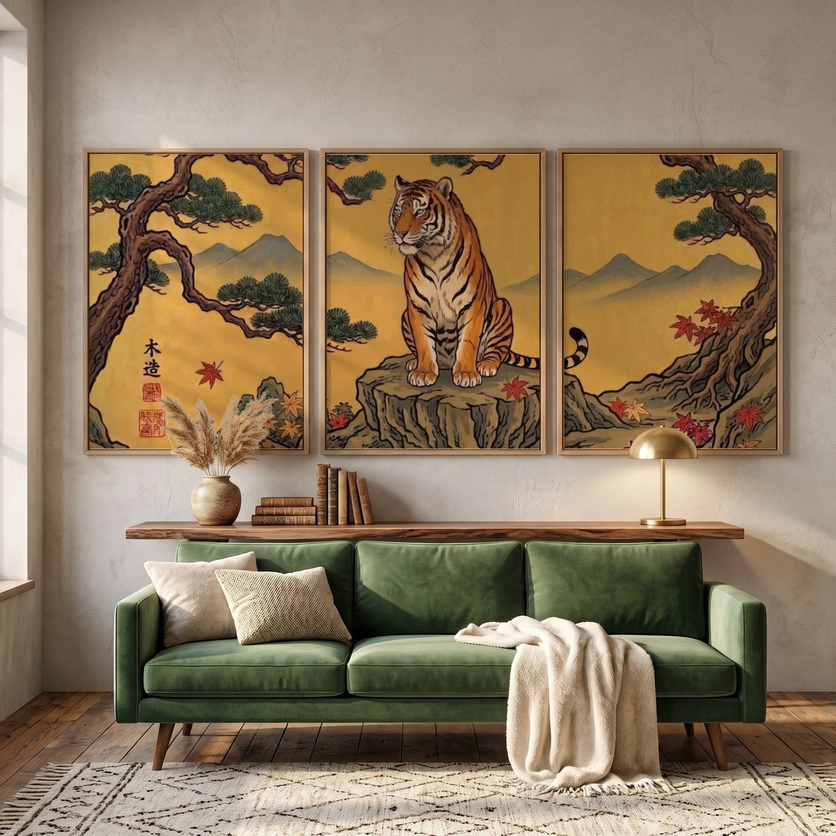 Triptych tiger wall decor with golden landscape and pine trees in Japanese style