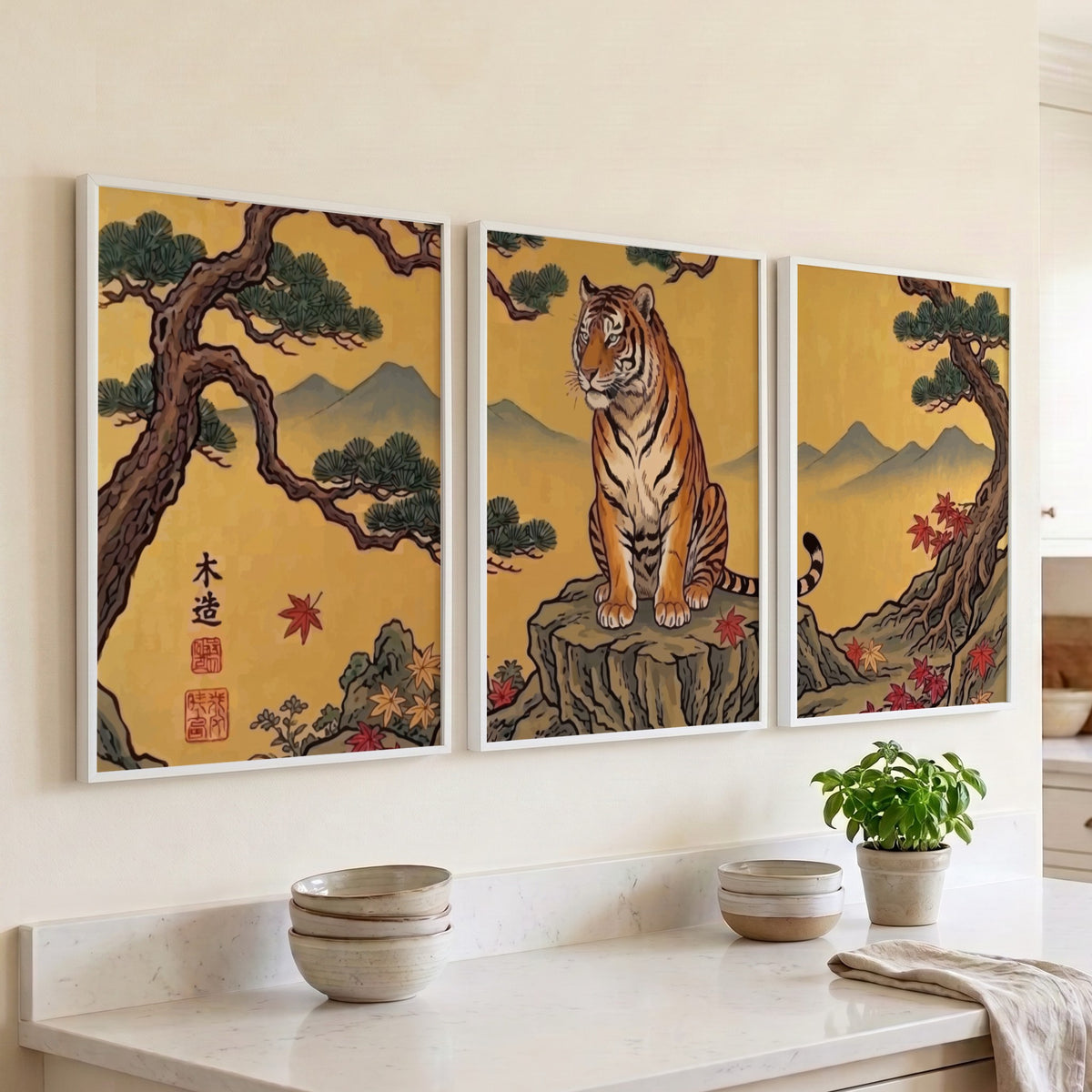 Triptych tiger wall decor with golden landscape and pine trees in Japanese style