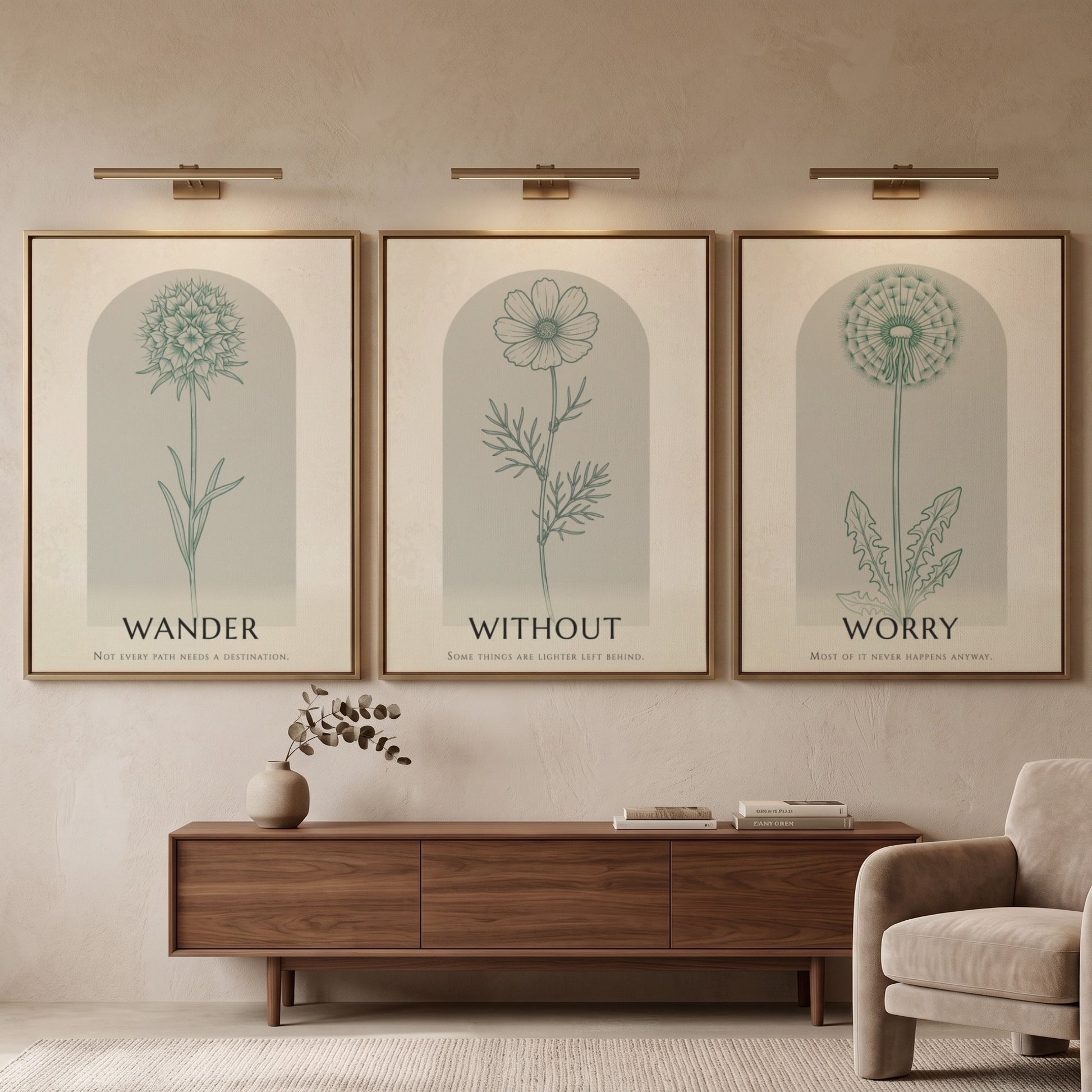 Poster set displaying three sage green wildflower illustrations within arched frames on beige.