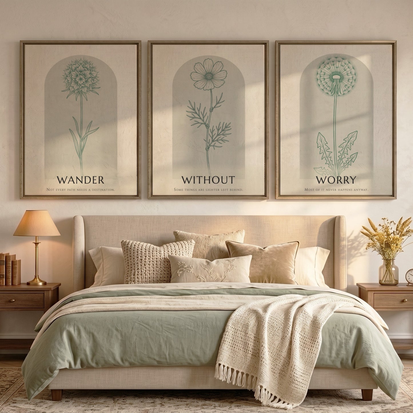 Poster set displaying three sage green wildflower illustrations within arched frames on beige.