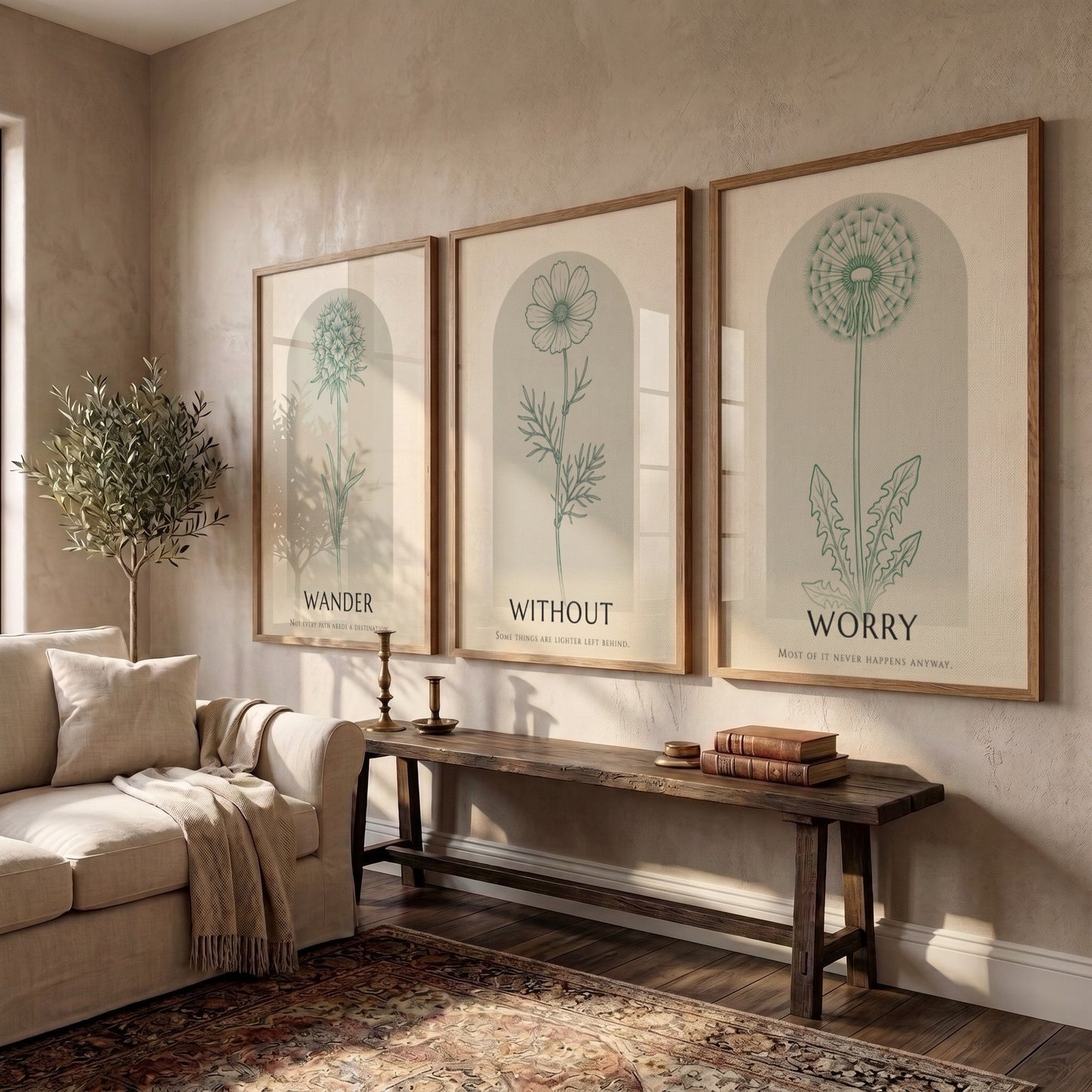 Poster set displaying three sage green wildflower illustrations within arched frames on beige.