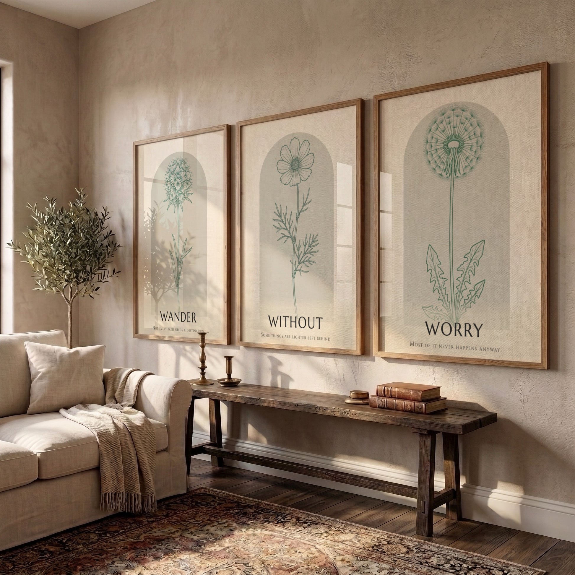 Poster set displaying three sage green wildflower illustrations within arched frames on beige.