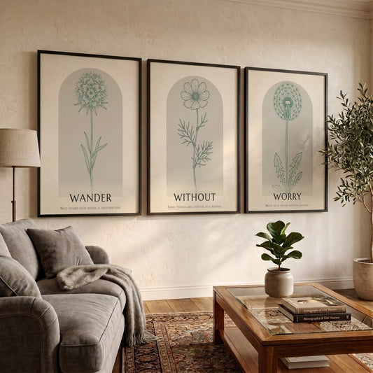 Poster set displaying three sage green wildflower illustrations within arched frames on beige.