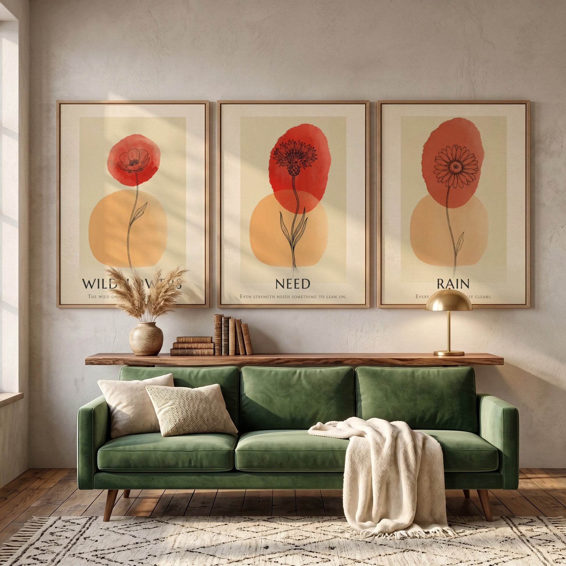 Poster trio featuring Rain Need Wildflowers text with delicate floral ink illustrations and terracotta.