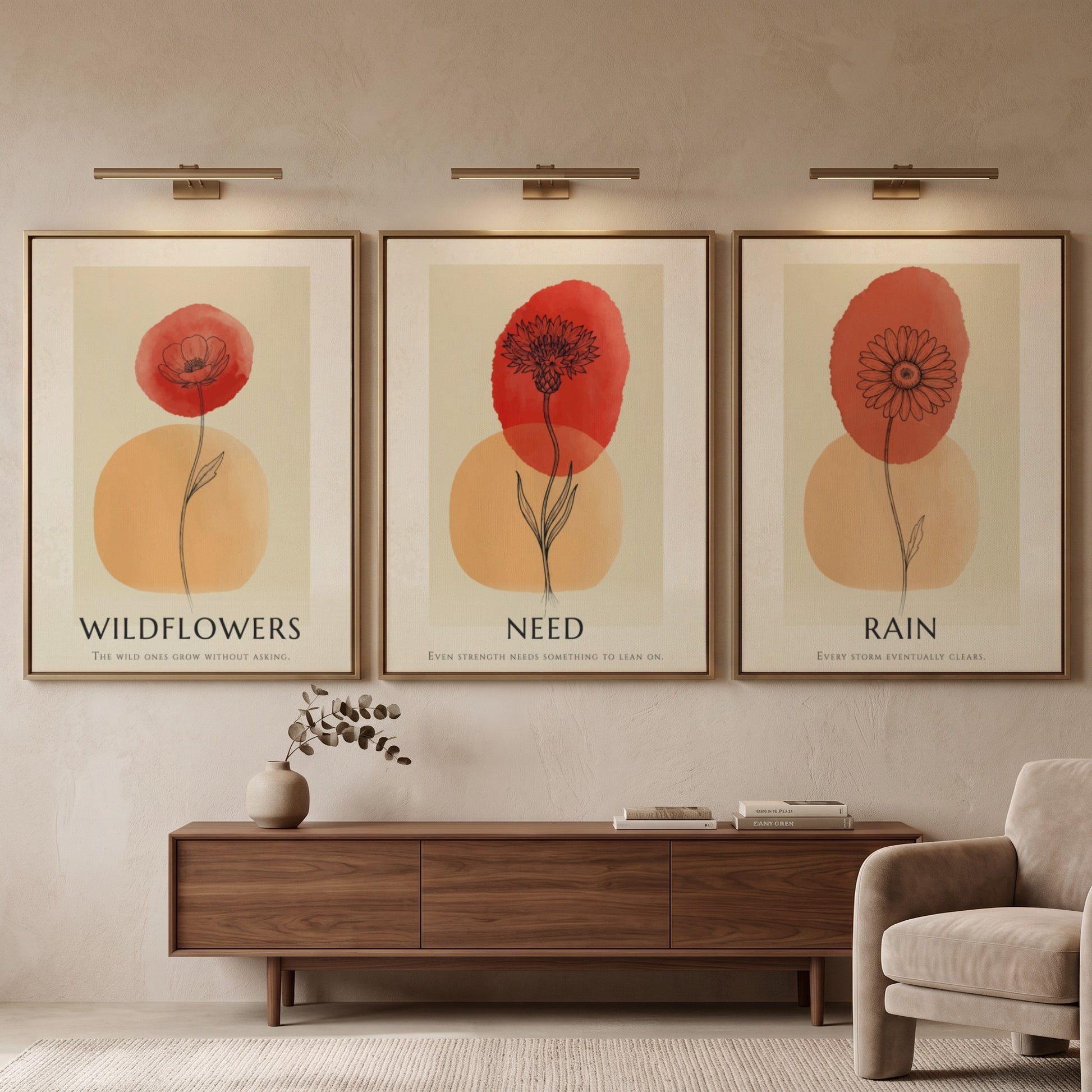 Poster trio featuring Rain Need Wildflowers text with delicate floral ink illustrations and terracotta.