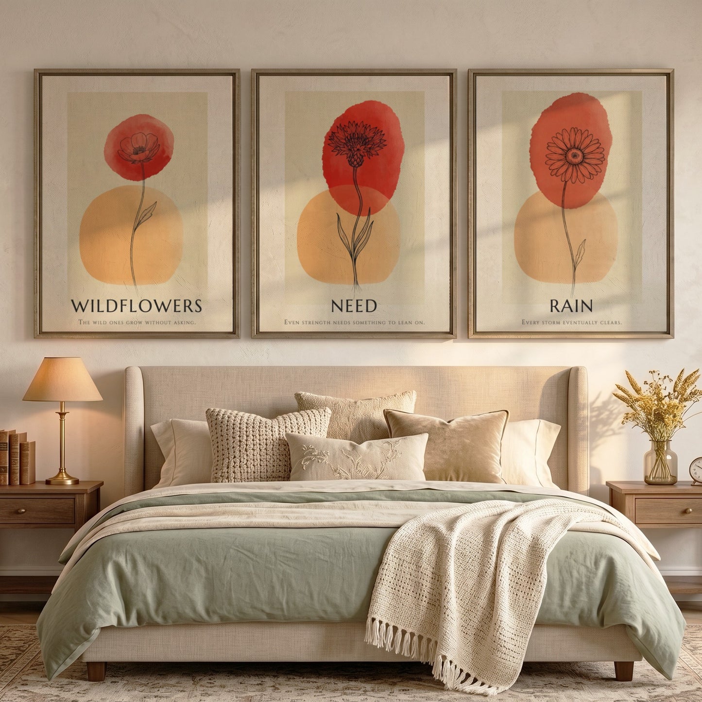 Poster trio featuring Rain Need Wildflowers text with delicate floral ink illustrations and terracotta.