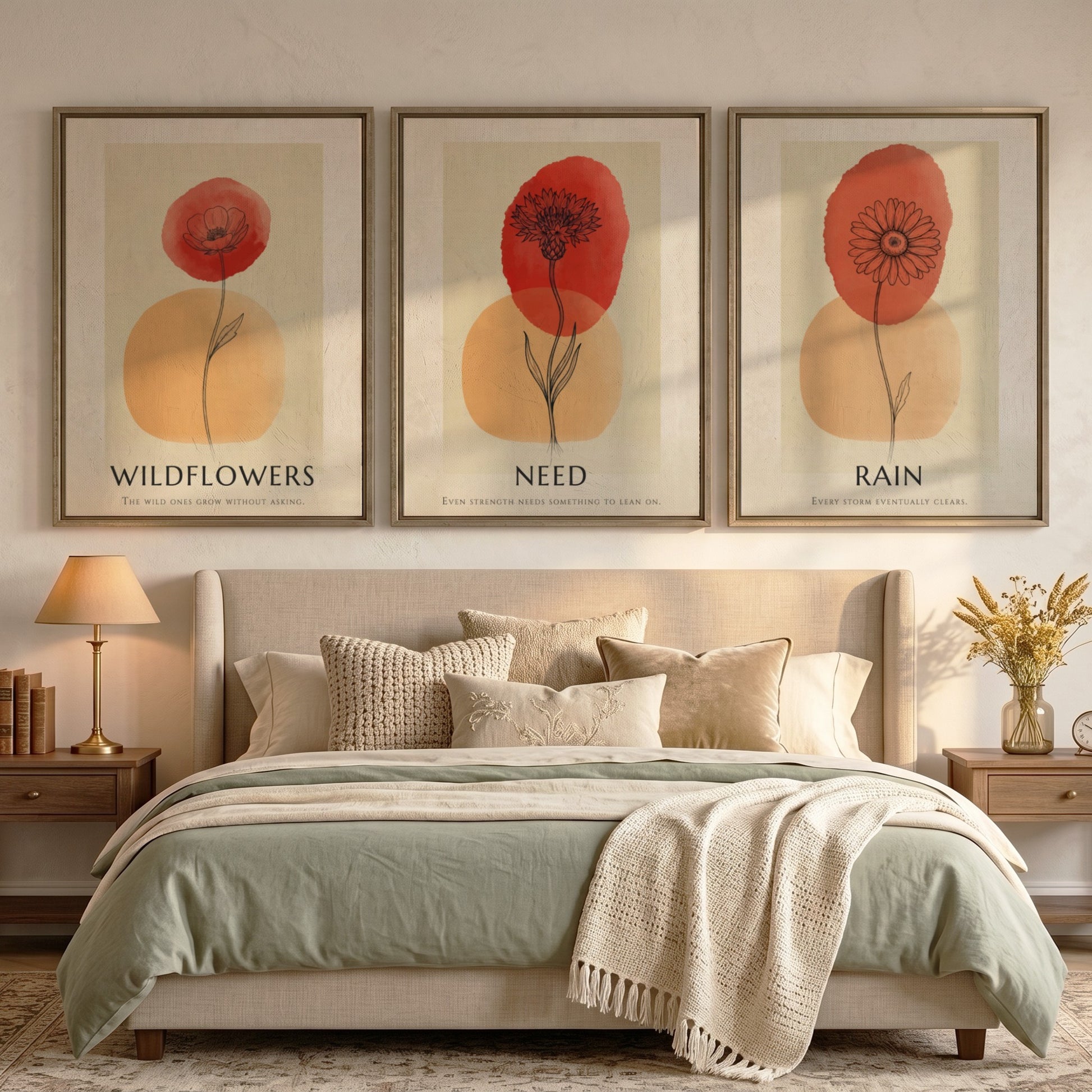Poster trio featuring Rain Need Wildflowers text with delicate floral ink illustrations and terracotta.