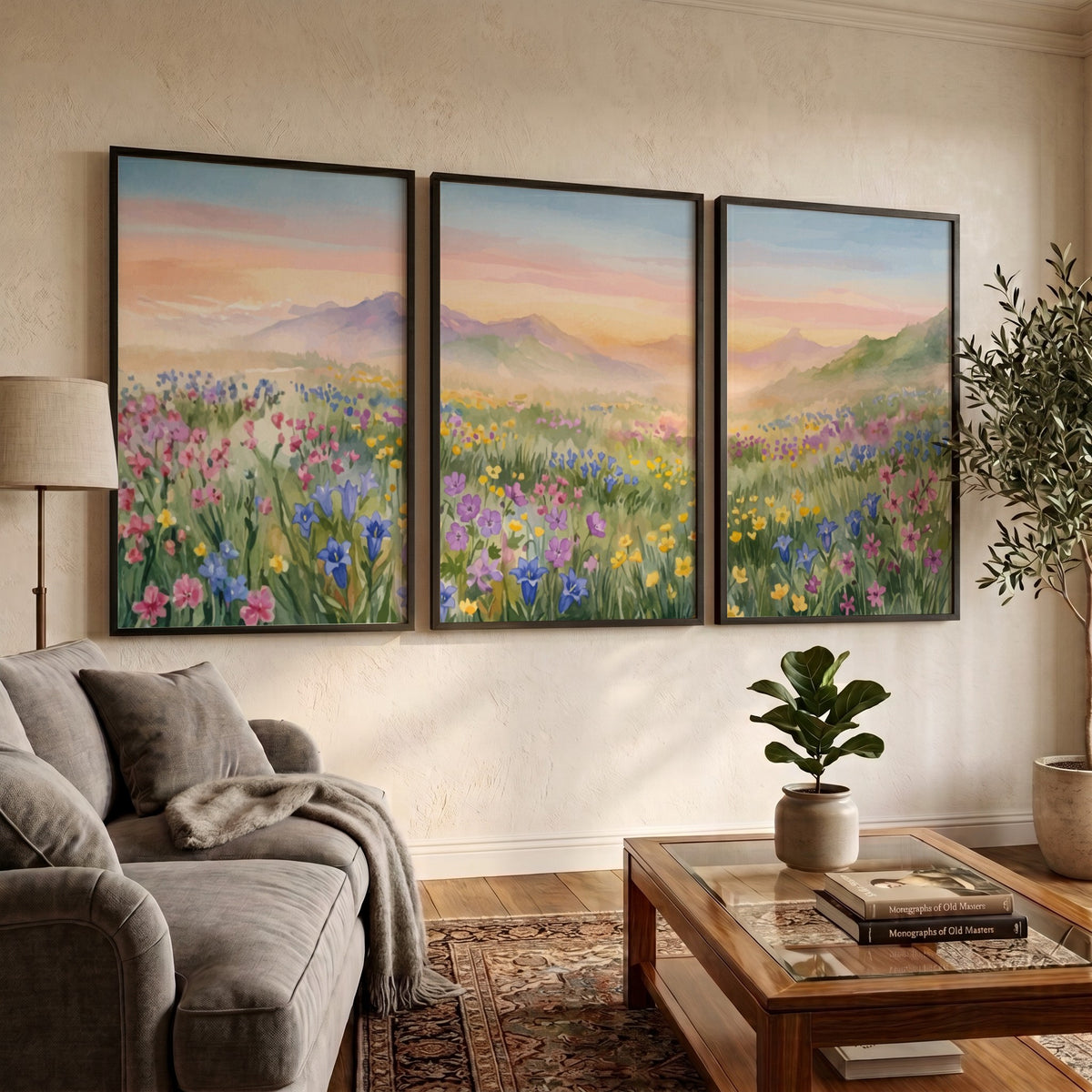 Three framed wildflower meadow watercolour paintings showing pink and purple flowers near mountains.