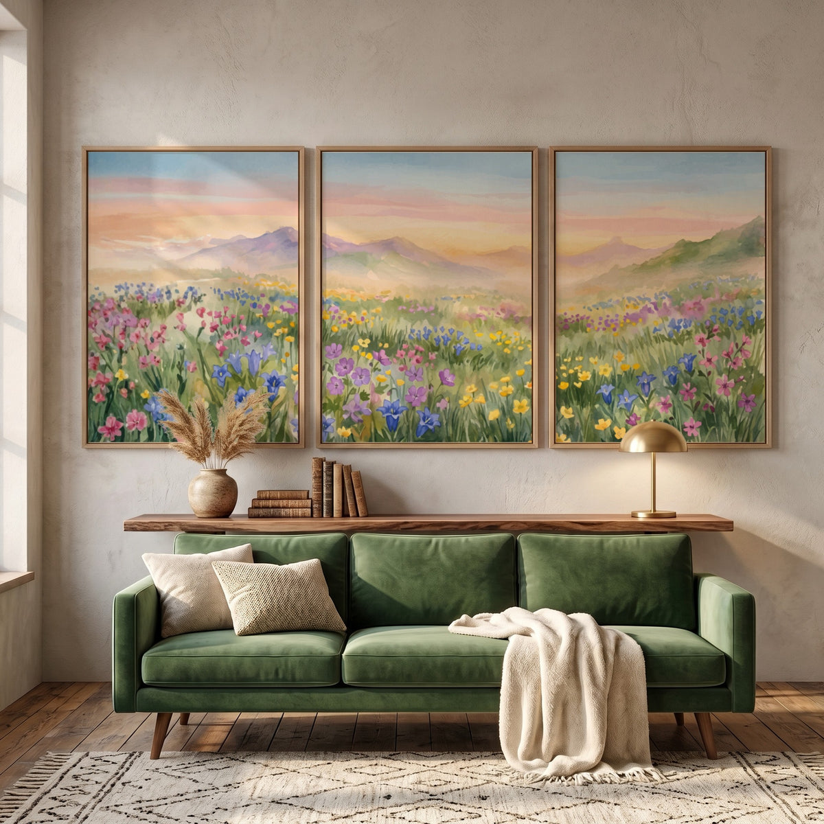 Three framed wildflower meadow watercolour paintings showing pink and purple flowers near mountains.