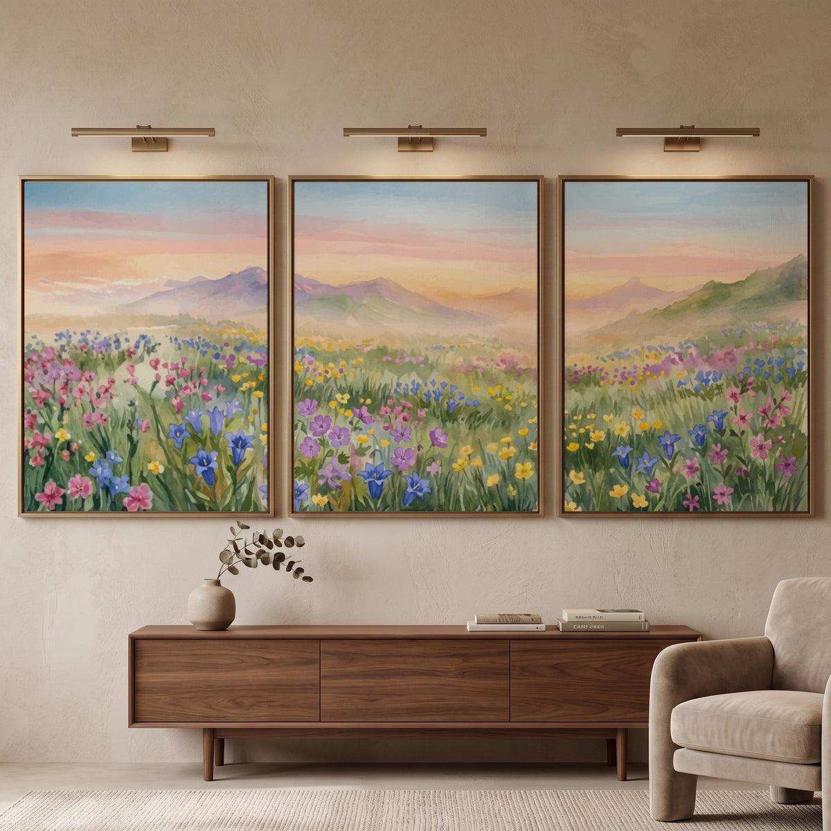 Three framed wildflower meadow watercolour paintings showing pink and purple flowers near mountains.