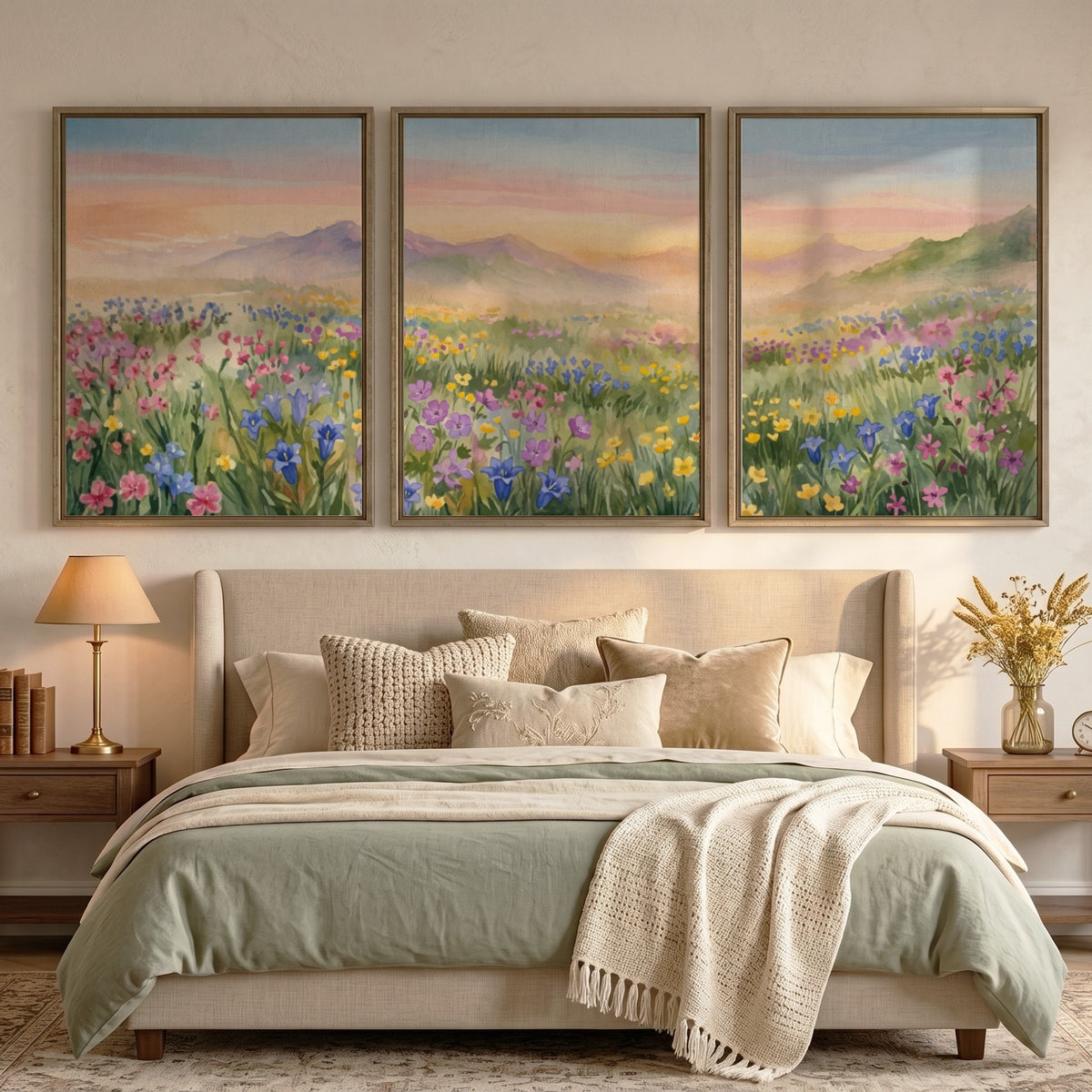 Three framed wildflower meadow watercolour paintings showing pink and purple flowers near mountains.