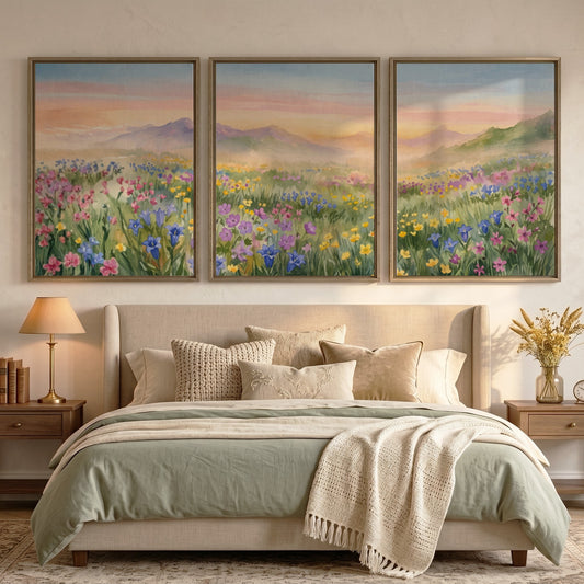 Three framed wildflower meadow watercolour paintings showing pink and purple flowers near mountains.