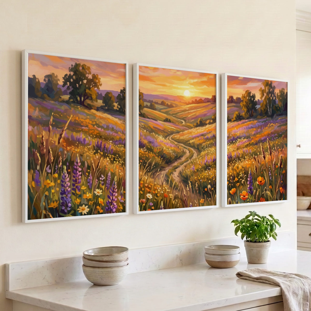 Triptych of a wildflower meadow sunset featuring purple lupines and golden rolling hills